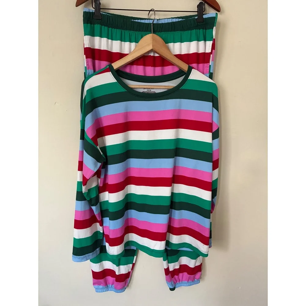 Joyspun Women Multi Color Striped Pajama Set Long Sleeve Top Joggers Medium